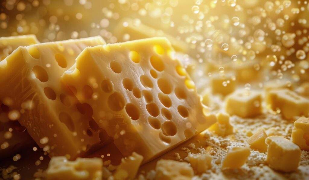 Closeup of Two Cubes of Swiss Cheese With Bokeh Background Stock Free