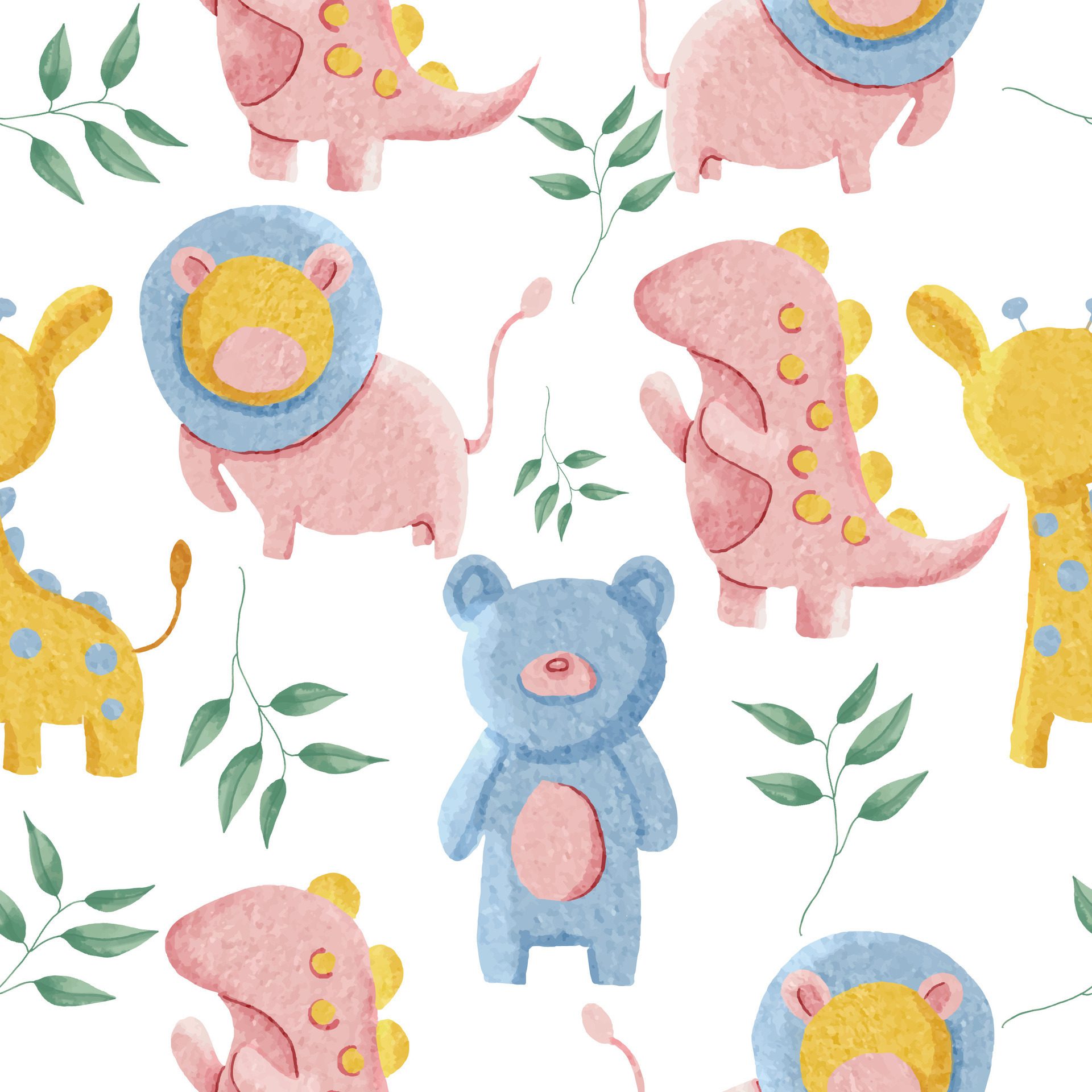 Cute Giraffe and Lion Watercolor Seamless Pattern Free Vector