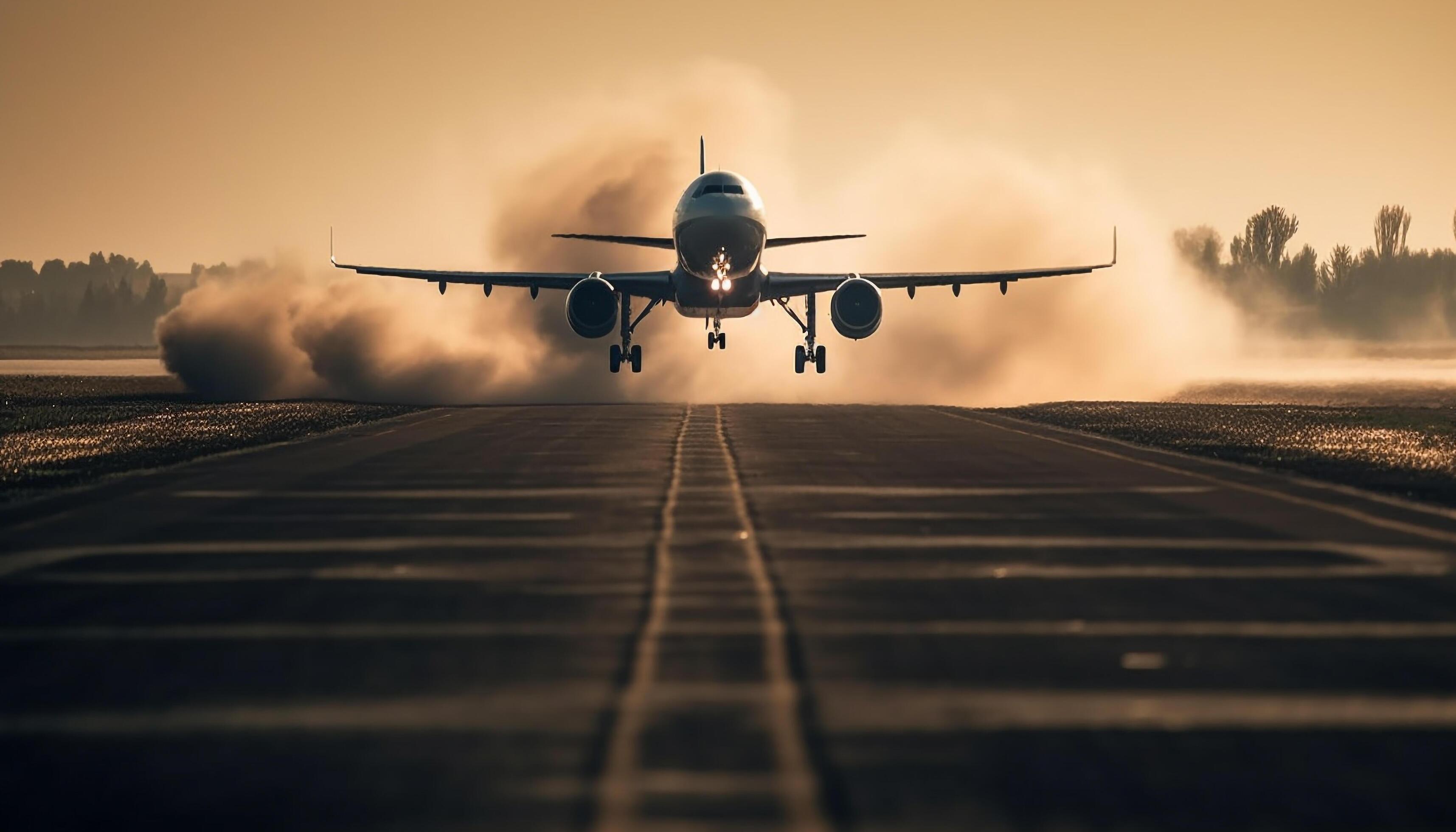 Commercial airplane taking off at sunset, a mode of transport generated by AI Stock Free