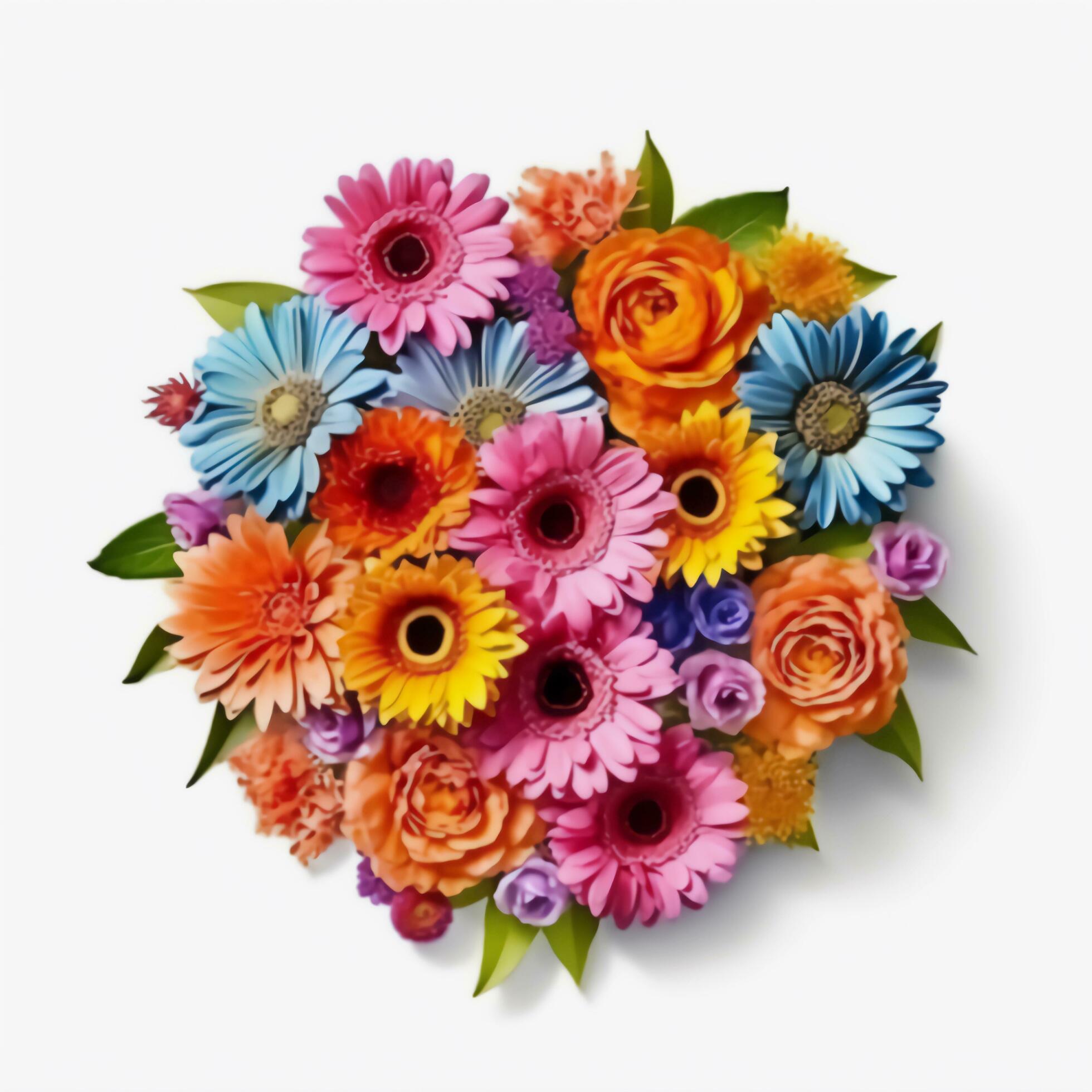 A top view of a bouquet of various colorful flowers. Isolated white background. AI Generated. Stock Free