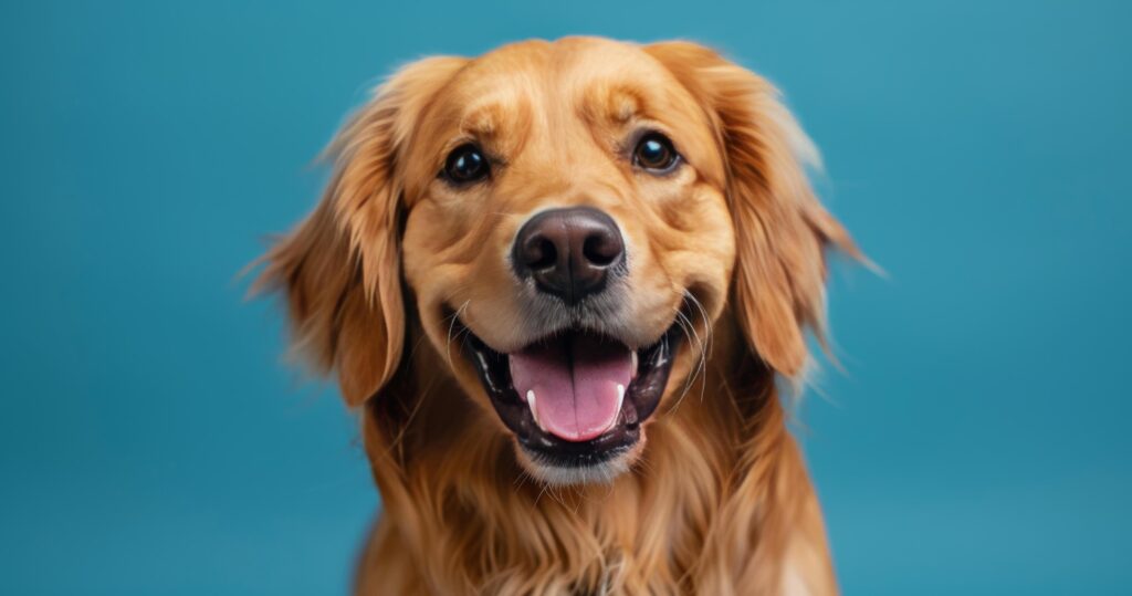 Golden Retriever Dog Smiling Against Blue Background Stock Free