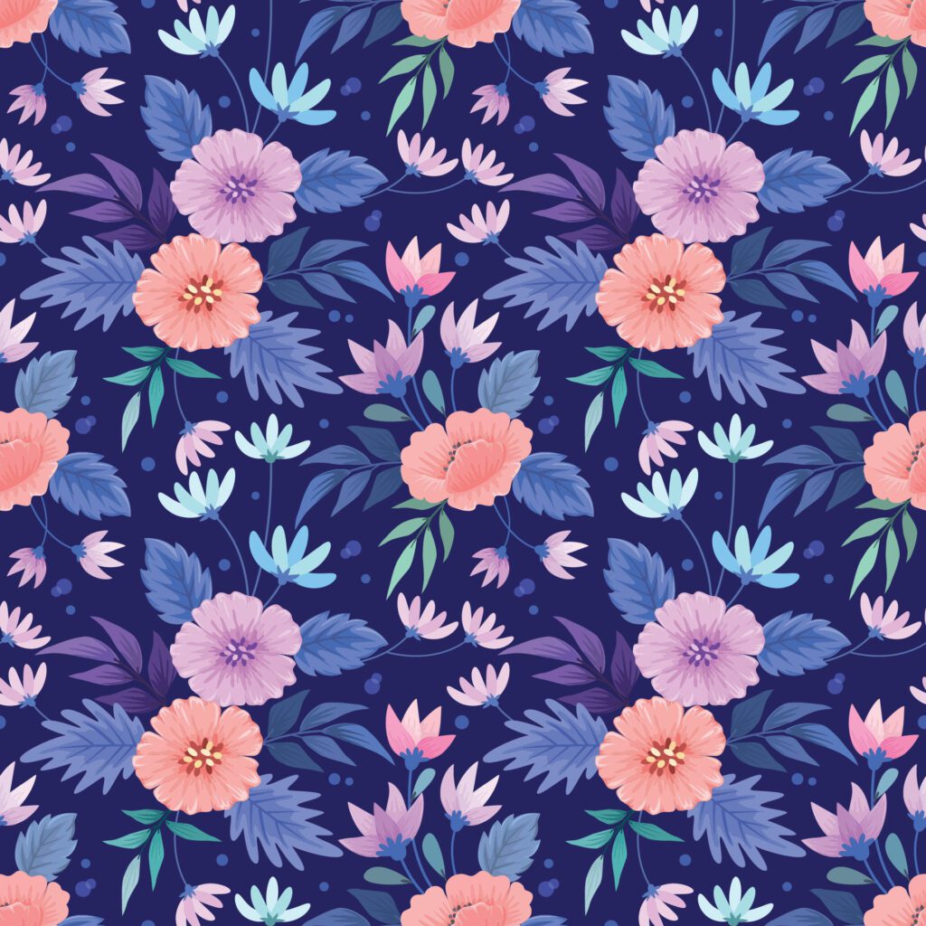 Beautiful blooming flowers design on blue color background seamless pattern. Free Vector