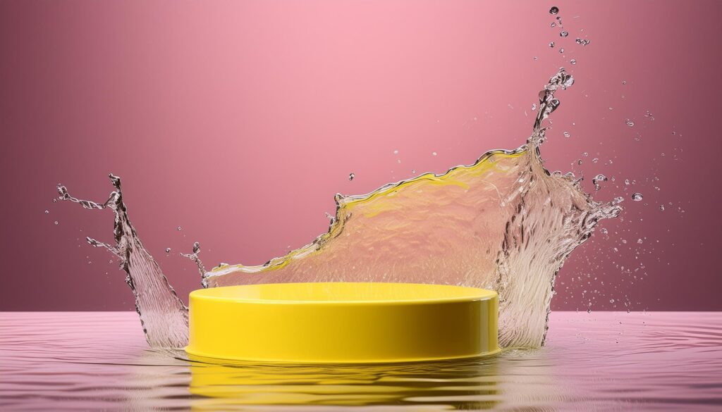 empty yellow podium mockup with water splash on a gradient background for product display Stock Free