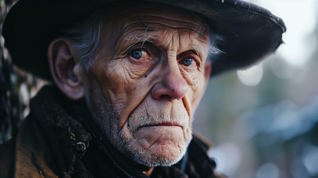 Close-up portrait of a pensive elderly man with a weathered face Free Photo