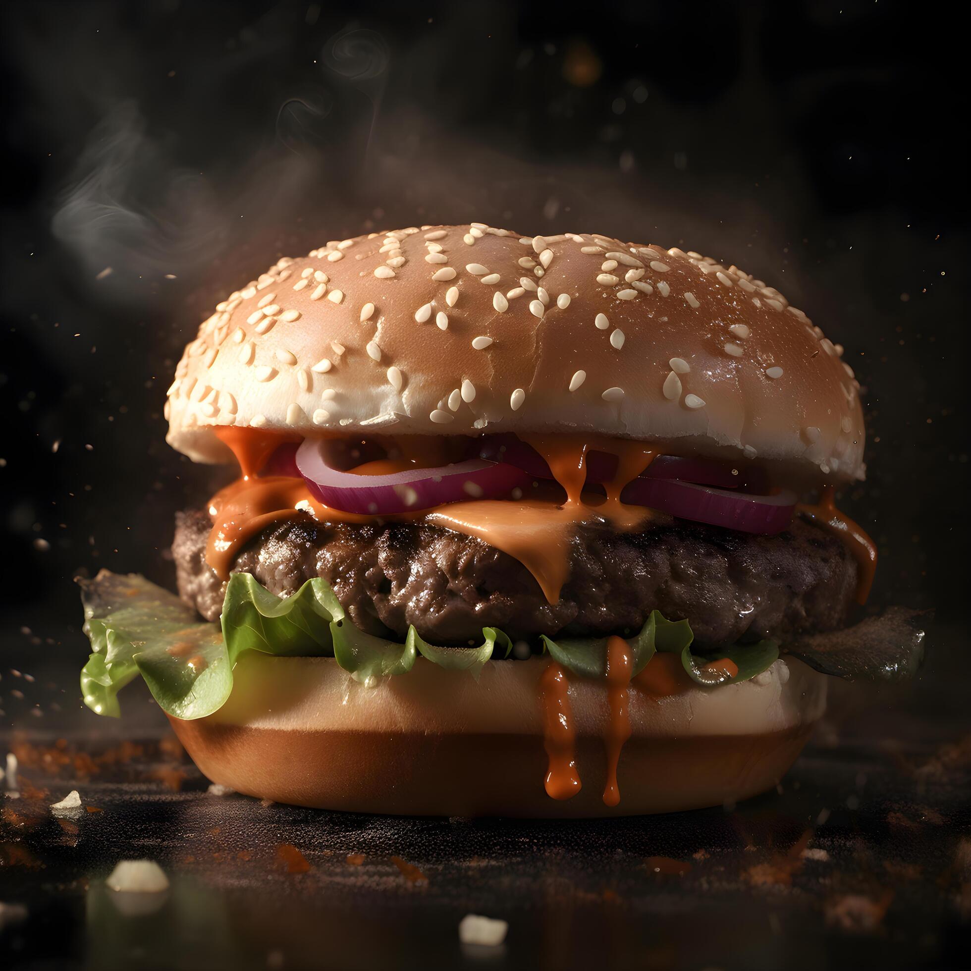 Hamburger on a black background with smoke. Food concept., Image Stock Free