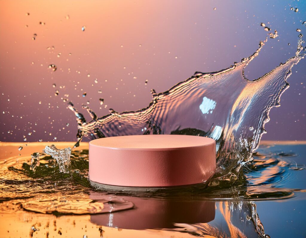 empty pink podium mockup with water splash on a gradient background for product display Stock Free