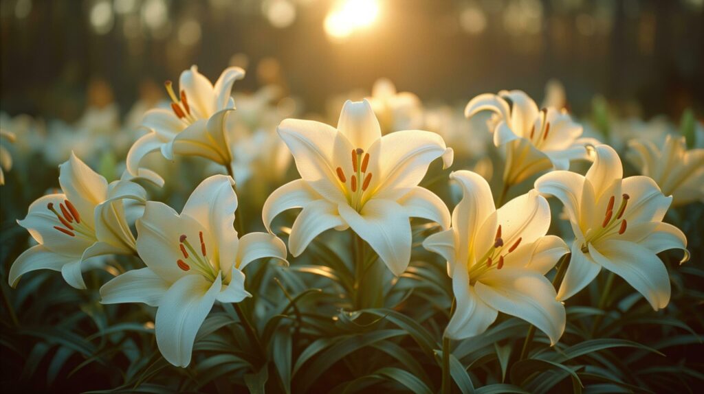 Golden hour tranquility with blooming white lilies in a serene garden Free Photo