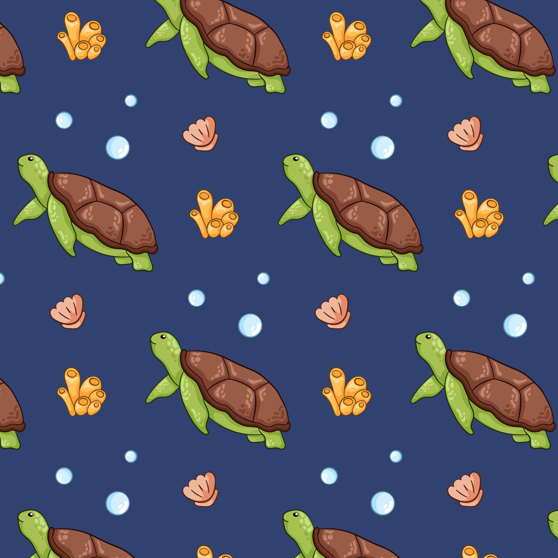 Summer seamless pattern with undersea animal turtle. Cartoon style. Seashell, coral, seaweed, bubbles. Vector illustration on a blue background. Free Vector