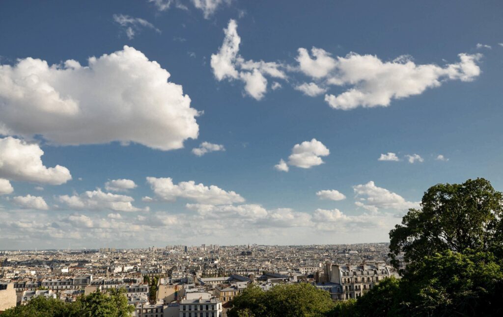 bird’s eye view of the city of Paris, capital of France, during a hot summer day in August 2012 Stock Free