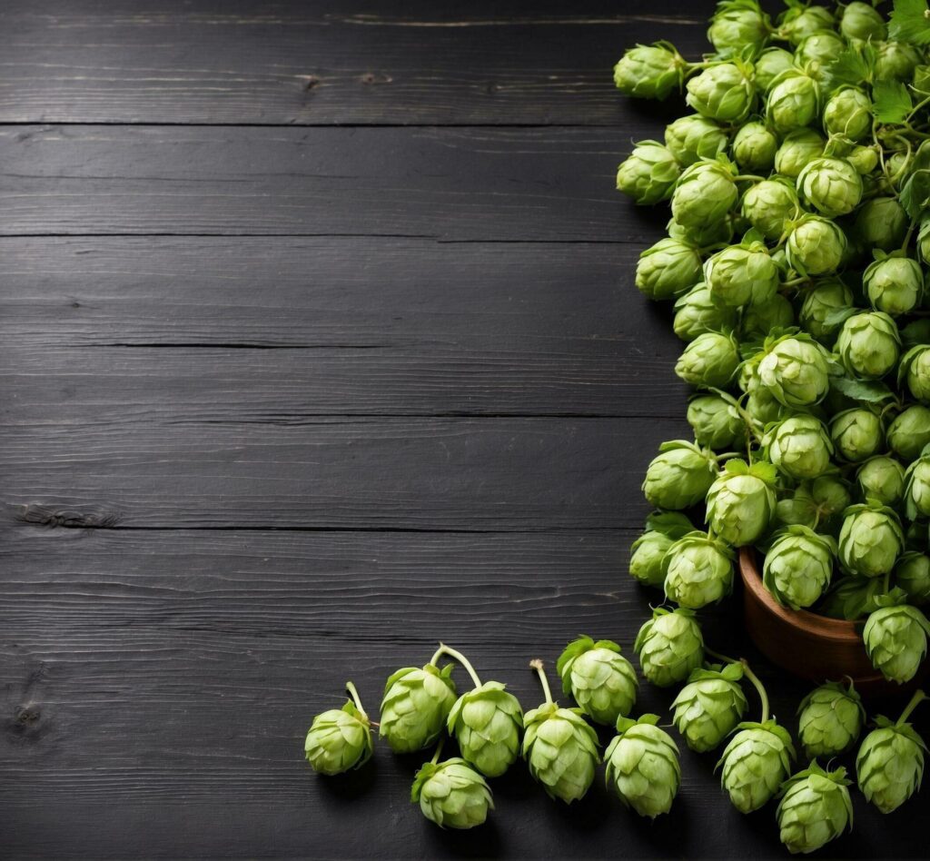 Hop cones on black wooden background. Beer ingredients. Beer concept. Free Photo