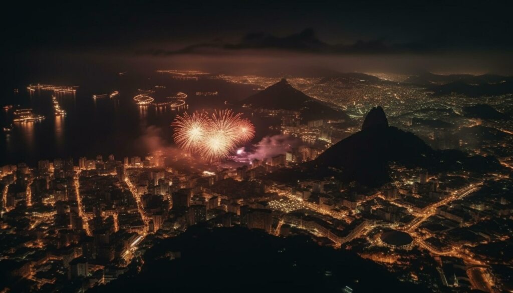 Fireworks exploding over illuminated city skyline, celebrating Fourth of July generated by AI Stock Free