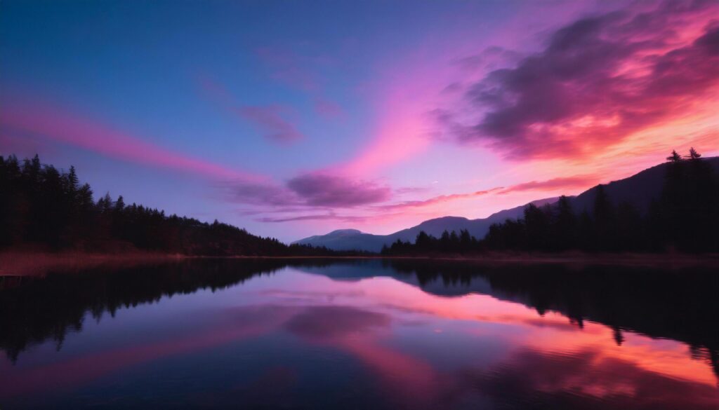 Beautiful pink cloudy sunset over a still mountain lake, dramatic colors photograph Free Photo