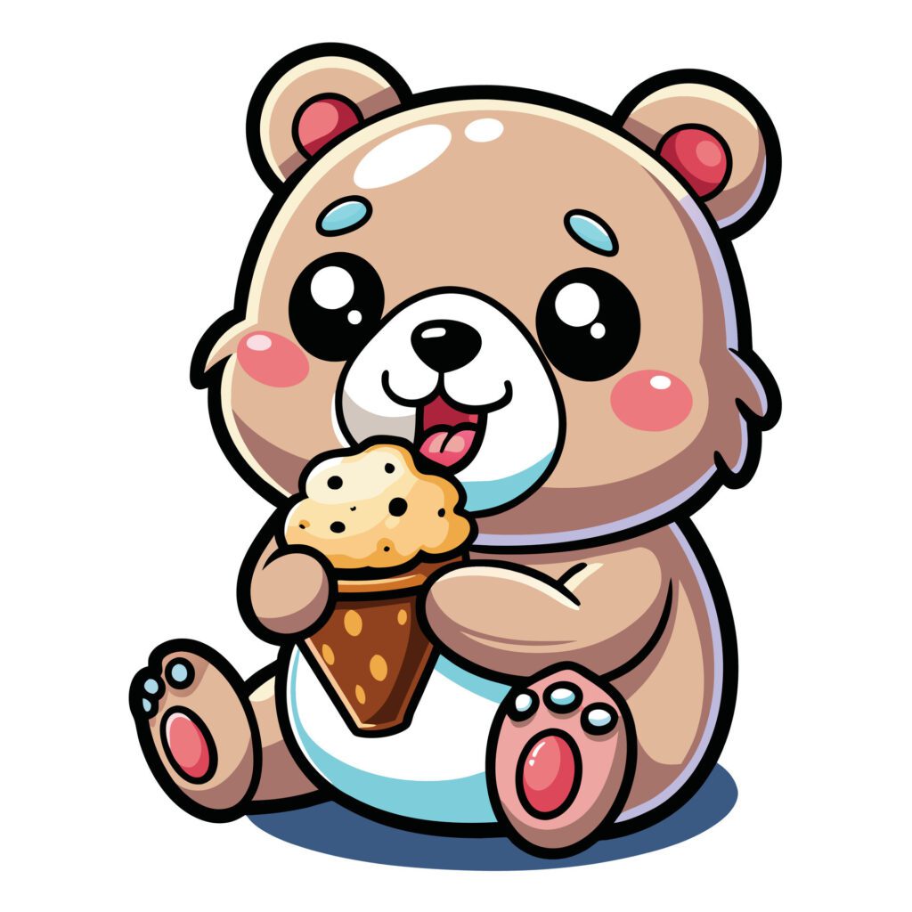 a cute kawaii bear eating ice cream, with clean black outlines, white background Free Vector