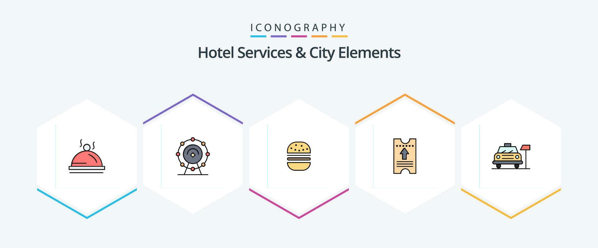 Hotel Services And City Elements 25 FilledLine icon pack including parking. arrow. burger. hotel . ticket Stock Free