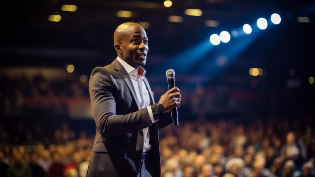 A business leader giving a motivational speech at a conference, representing leadership and influence in the professional lifestyle Stock Free