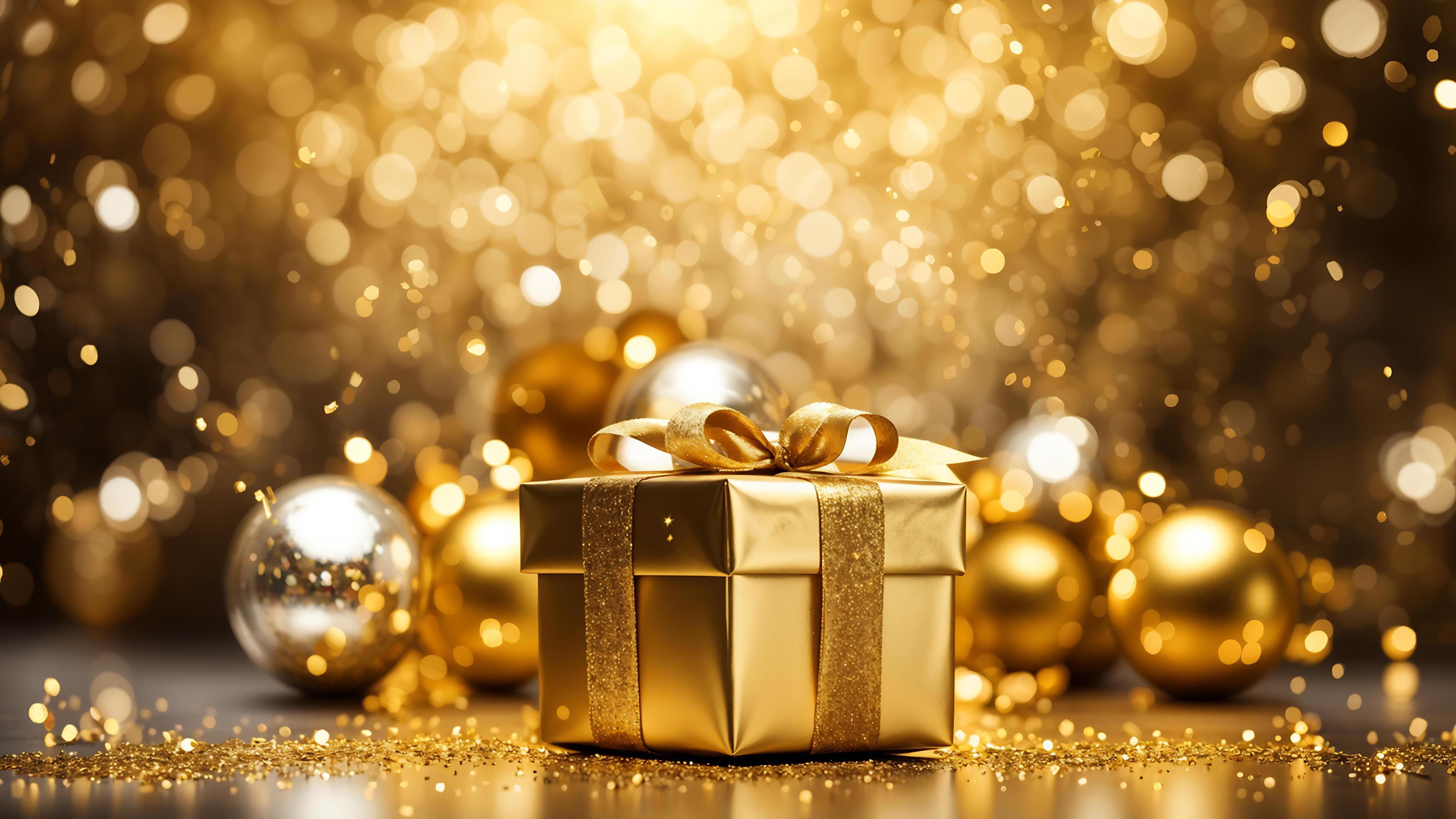 One gold gift box with a shinny bow adorned on golden floor. gold balls, yellow sparkle and bokeh lights on background. Stock Free