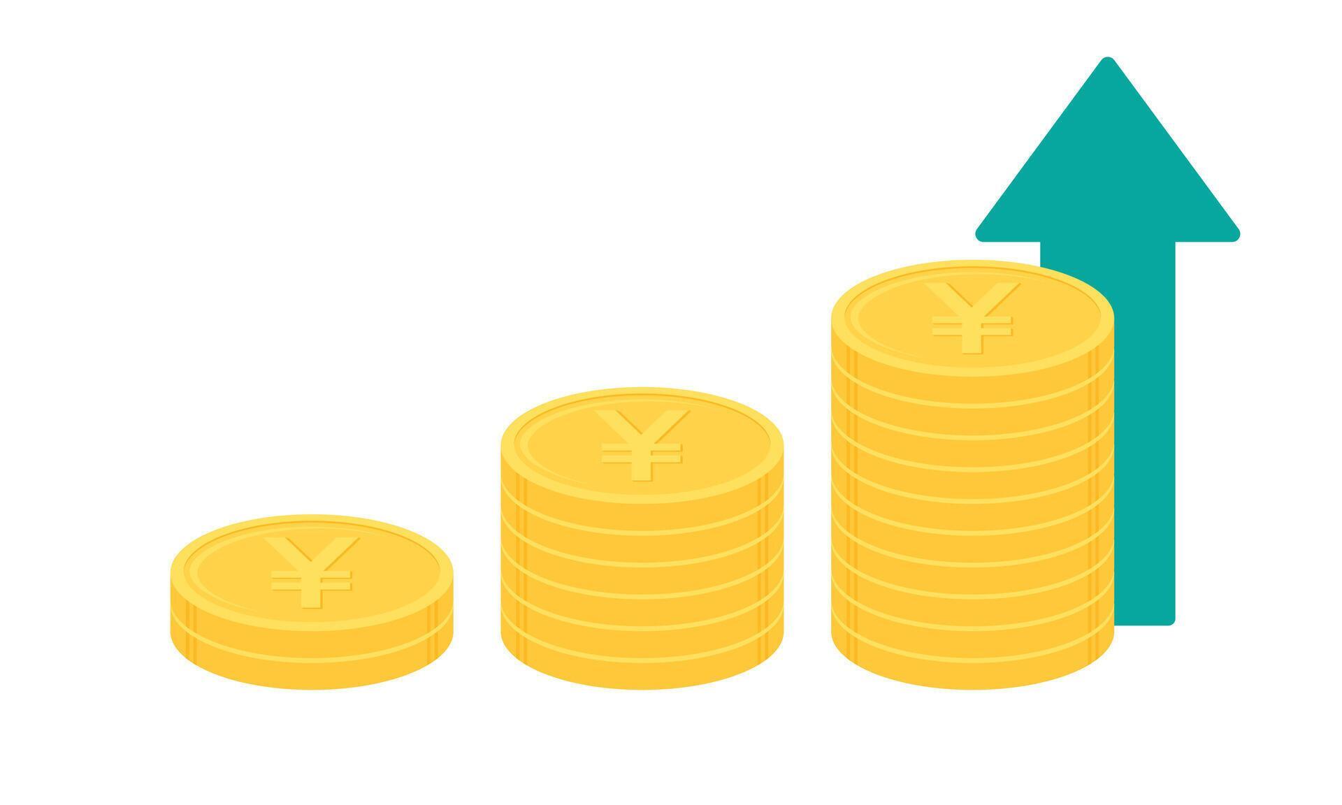 Stack of gold Japanese yen or Chinese yuan coins with green upward pointing arrow. Business growth concept. Flat design vector illustration. Stock Free