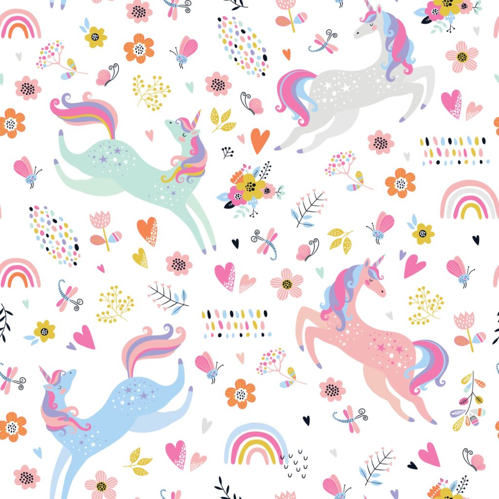 Childish seamless pattern with unicorns. Creative nursery background. Free Vector