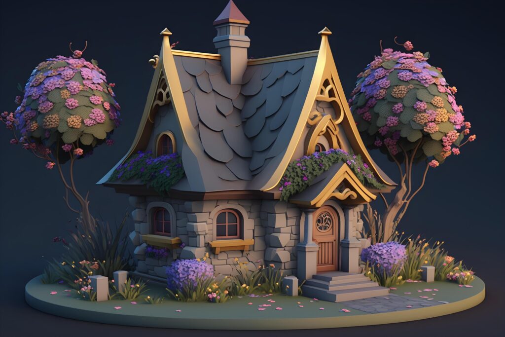 cute house decorated with flowers made by technology Stock Free