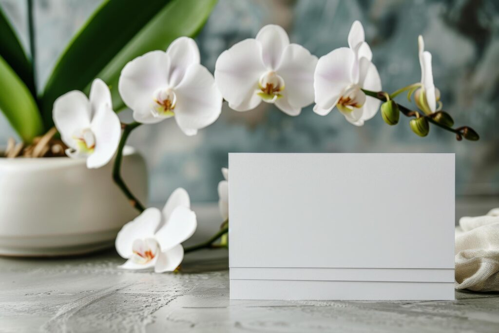 White Orchid Flowers and Blank Card on Grey Background Stock Free