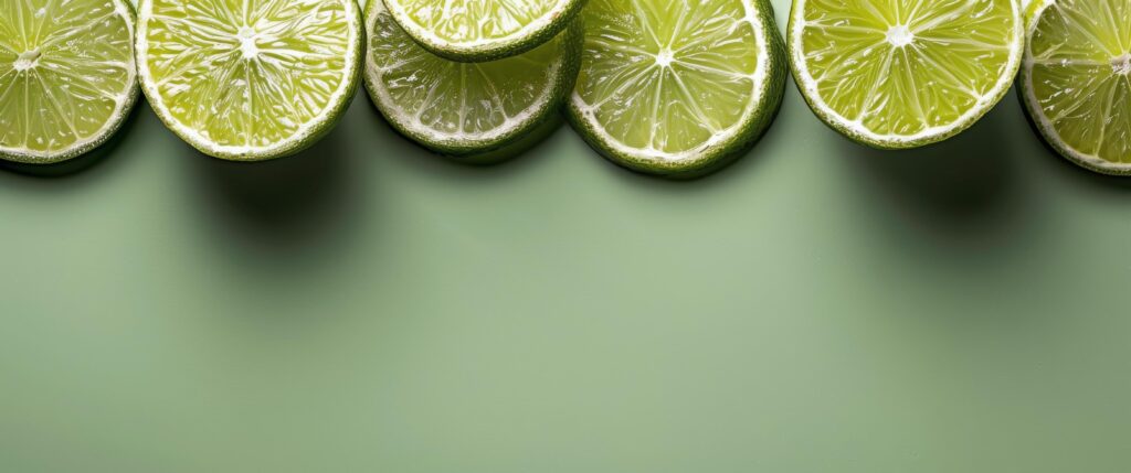 Whole and Sliced Limes Arranged on a Green Background Stock Free