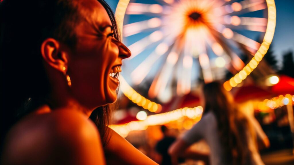 A woman joyfully poses in front of a towering ferris wheel, radiating happiness and excitement. Generative AI Free Photo