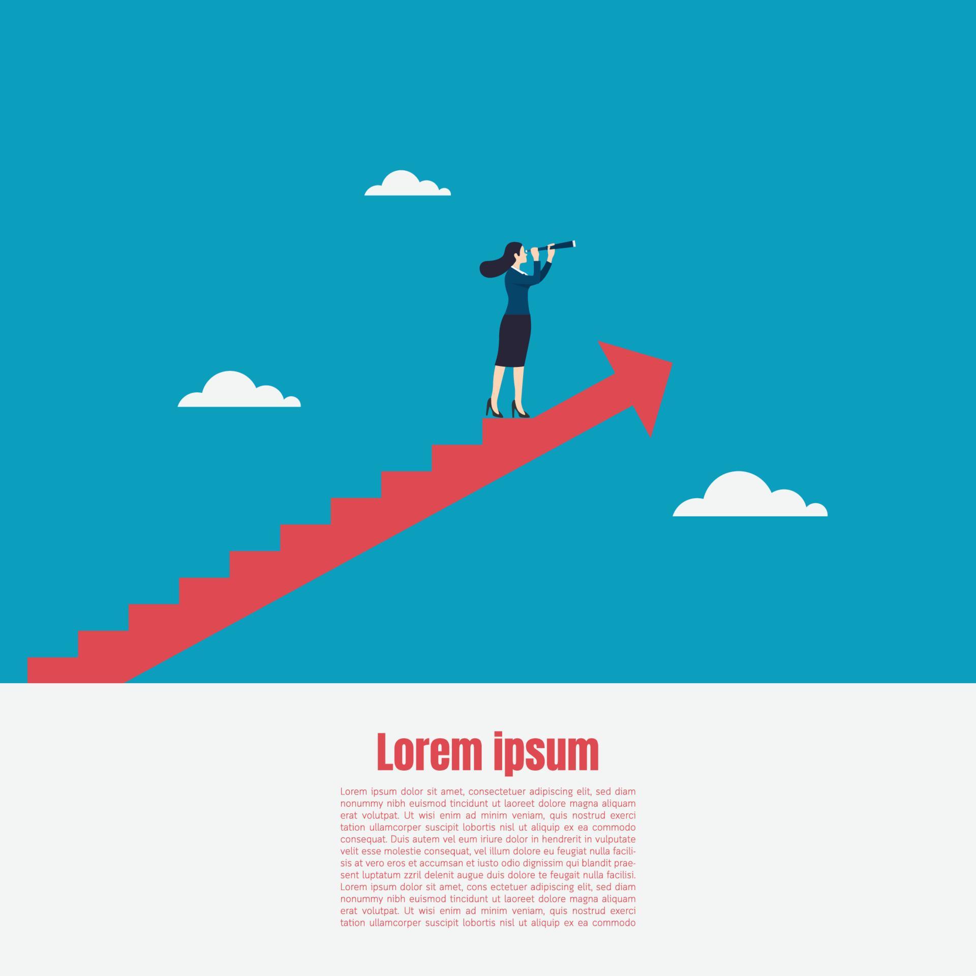 Business woman holding telescope standing on red arrow up go to success in career Stock Free