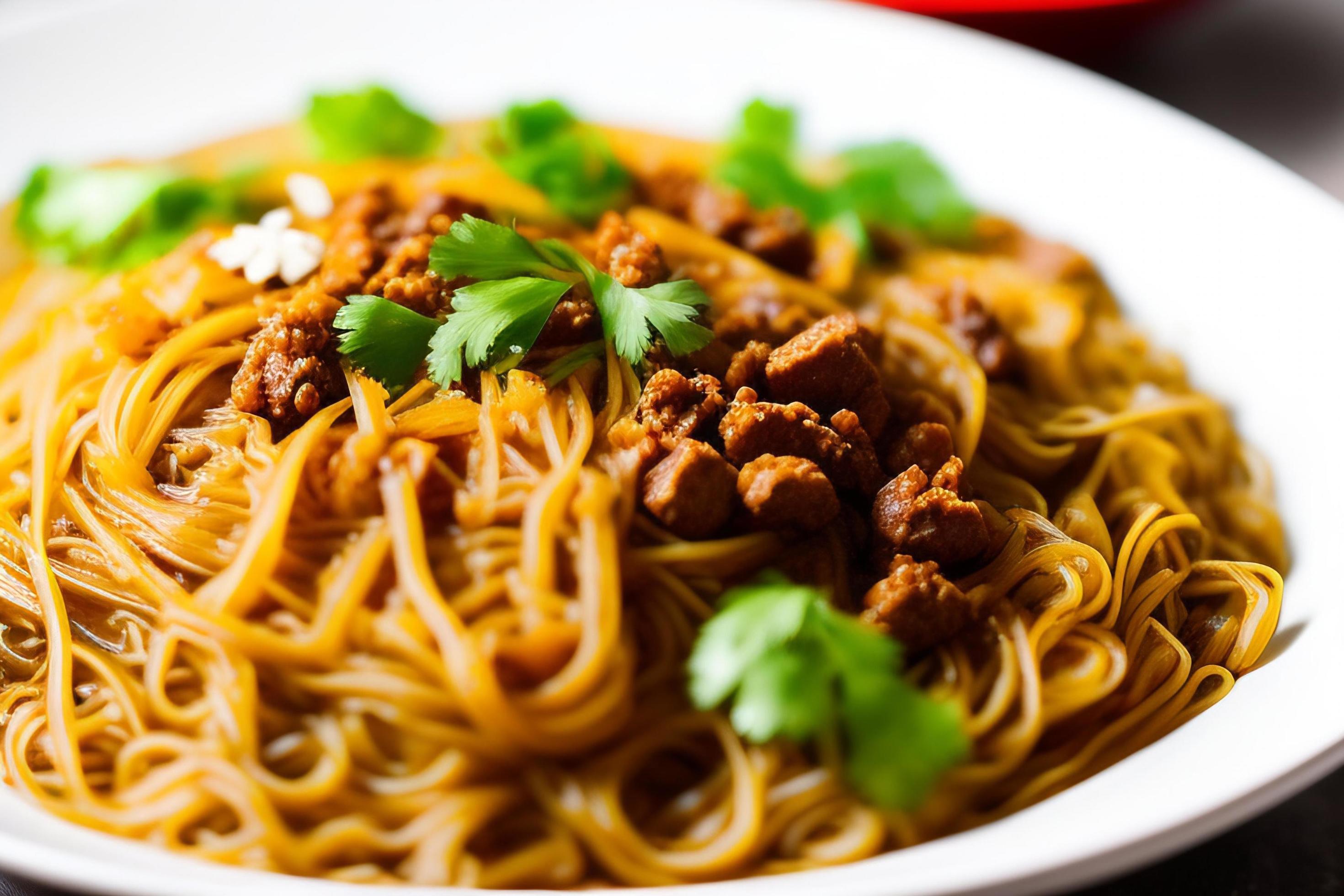 Delicious noodles. Fast food meal with appetizing pasta and chopsticks. Stock Free