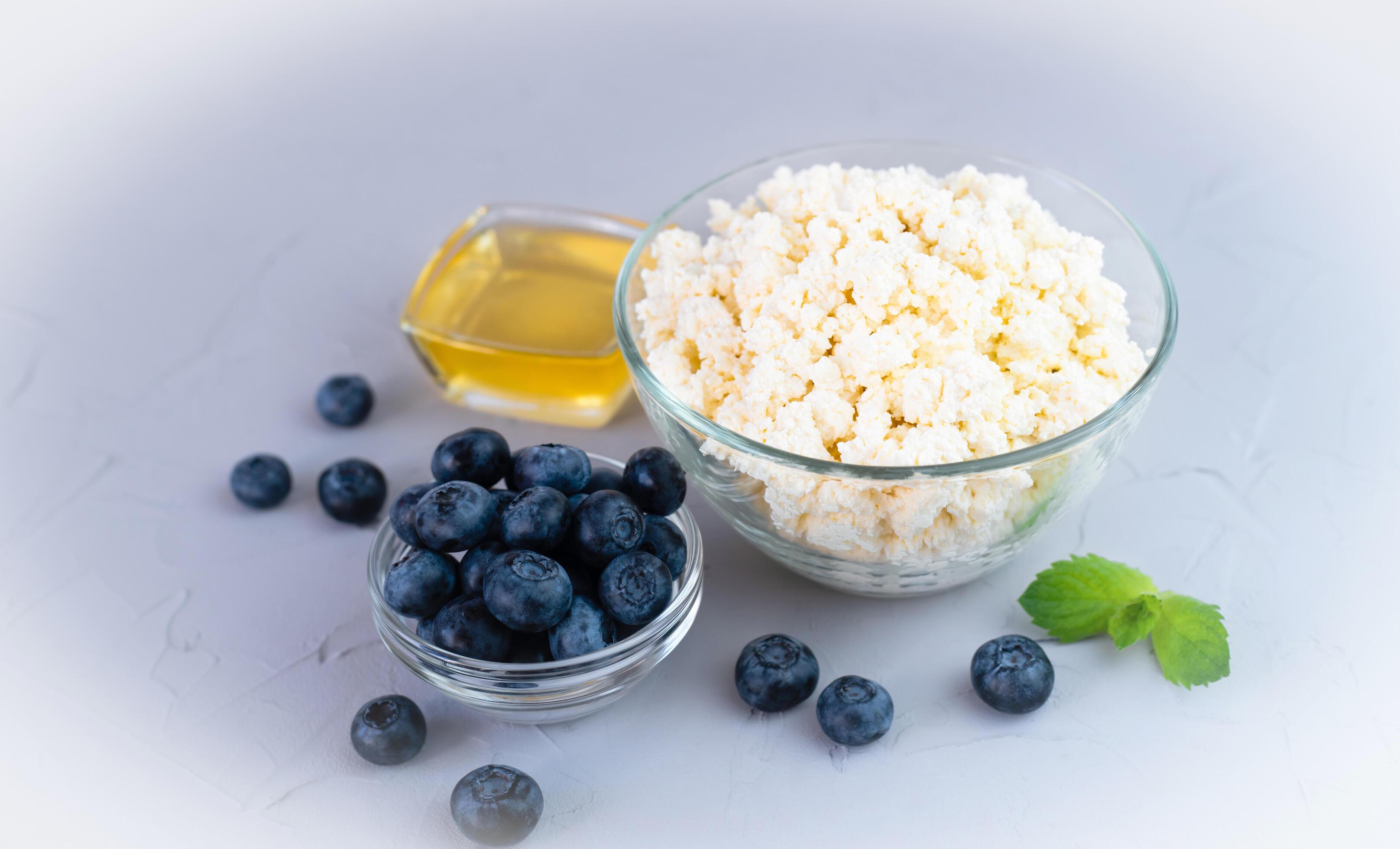 Delicious and healthy homemade cottage cheese with ripe blueberry and honey on gray background. Selective focus. Stock Free