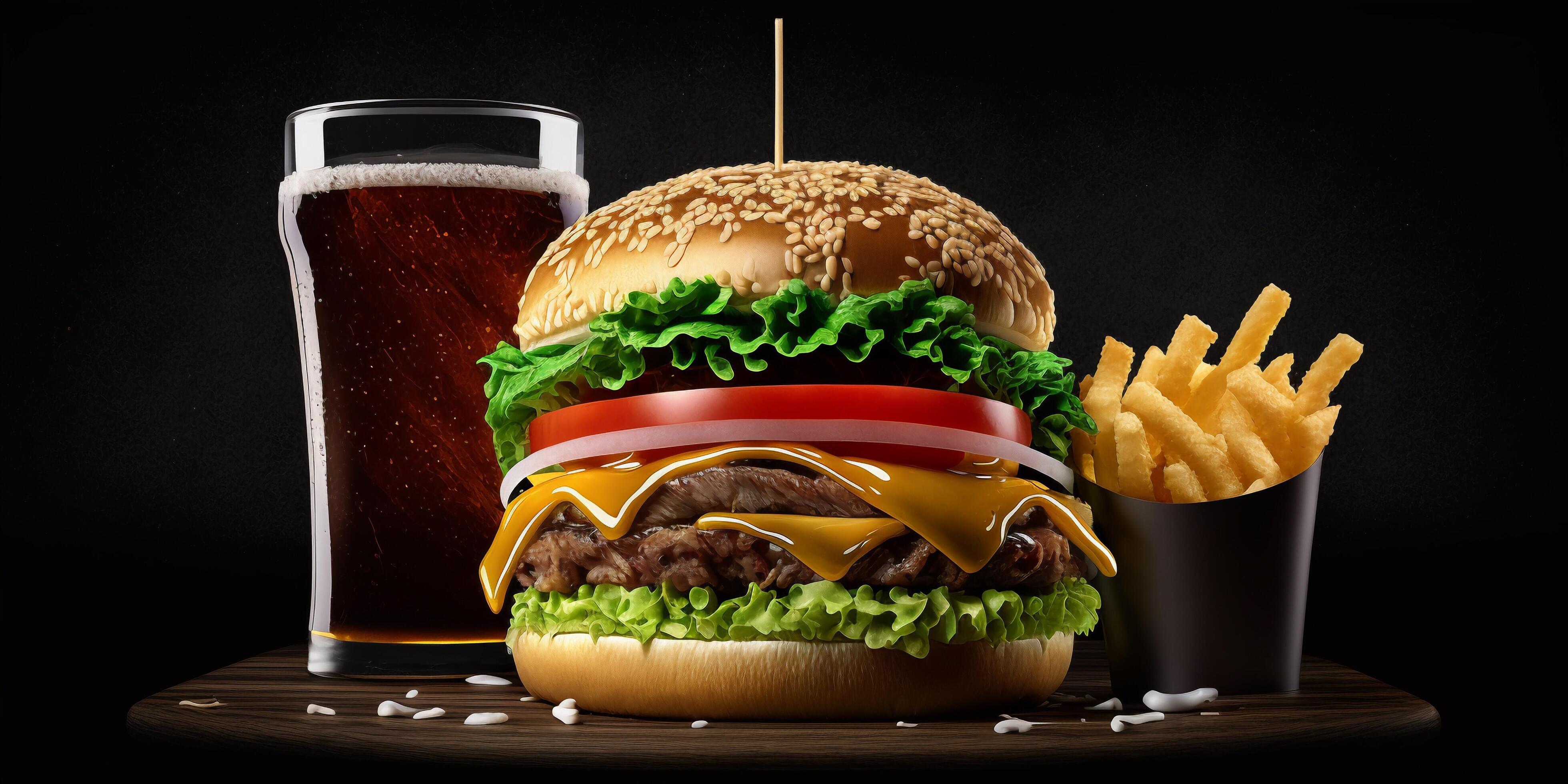 The fast food meal in the black background with . Stock Free