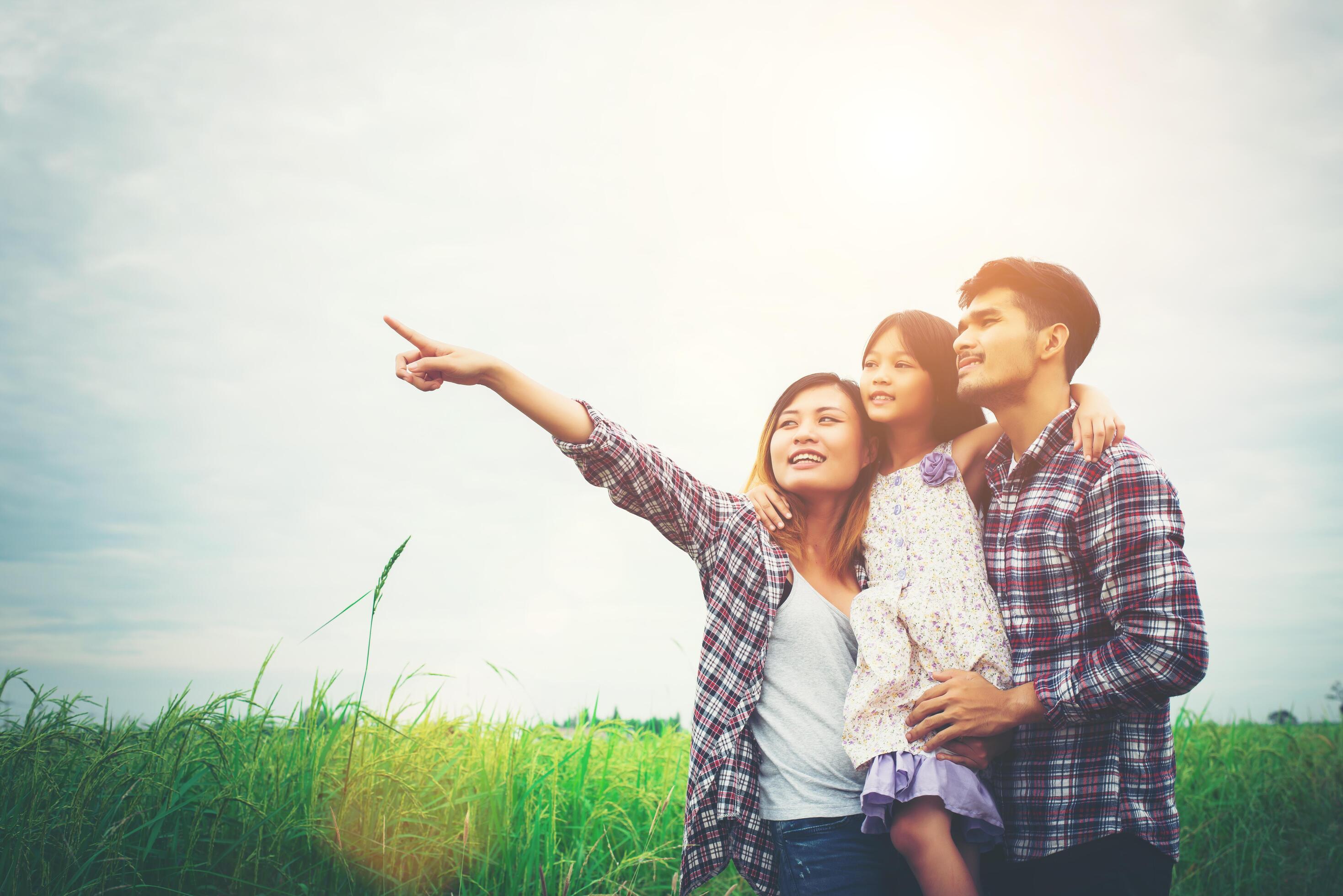 Family of mother, father and child on meadow, dad carrying the daughter. Stock Free