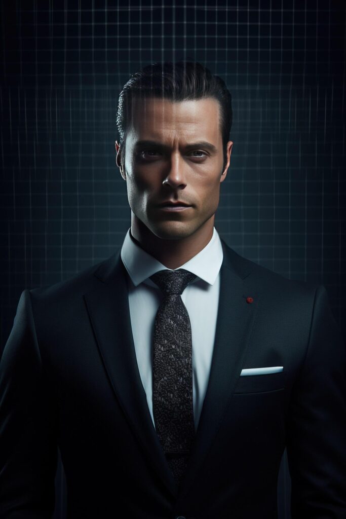 a man in a suit and tie standing in front of a dark background Free Photo