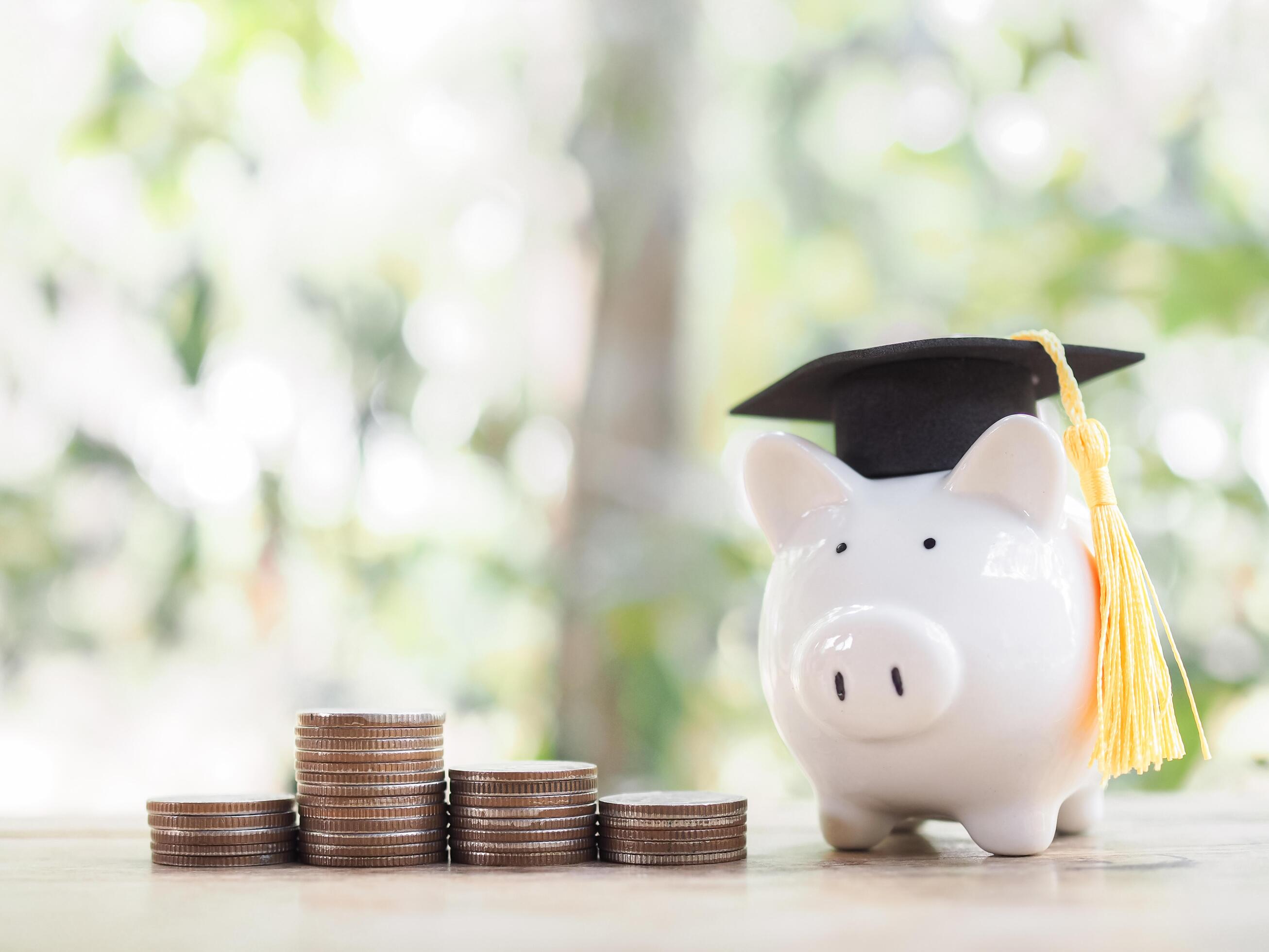 Piggy bank with graduation hat and stack of coins. The concept of saving money for education, student loan, scholarship, tuition fees in future Stock Free