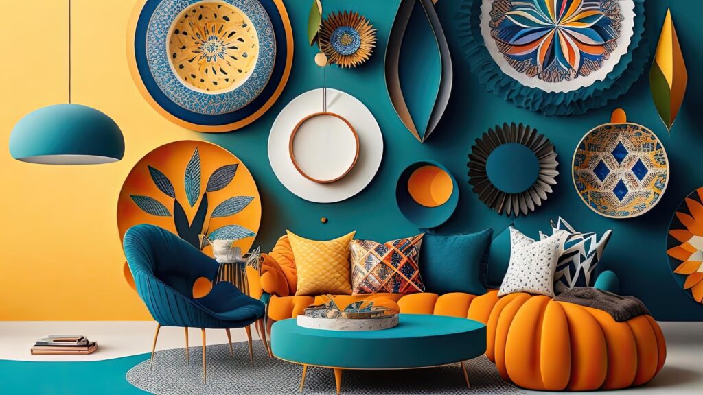 Interior of modern living room with blue sofa, orange armchair, round mirror, 3d render. Stock Free