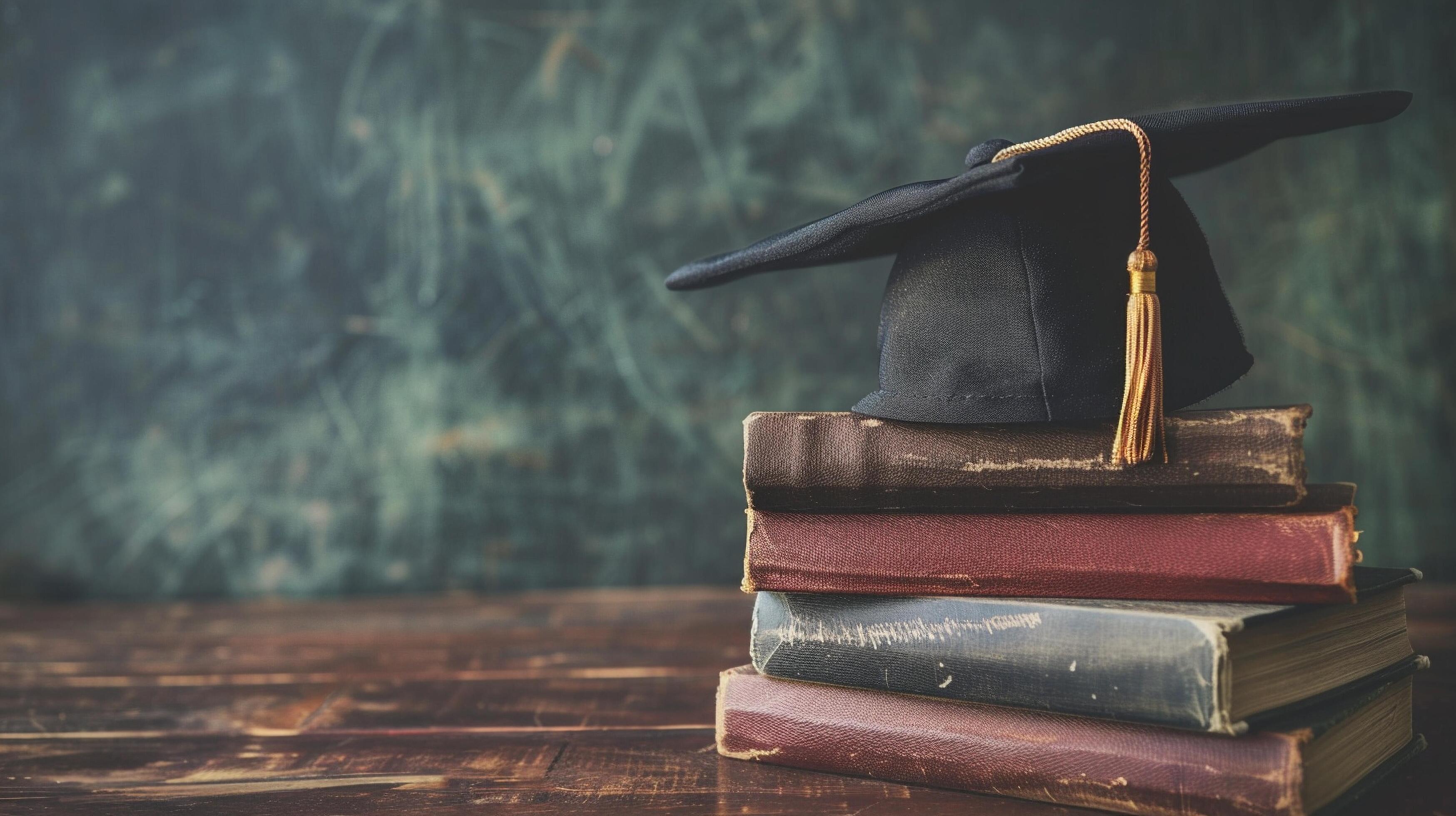 A graduation bachelor cap on a stack of book, knowledge and education concept. Stock Free