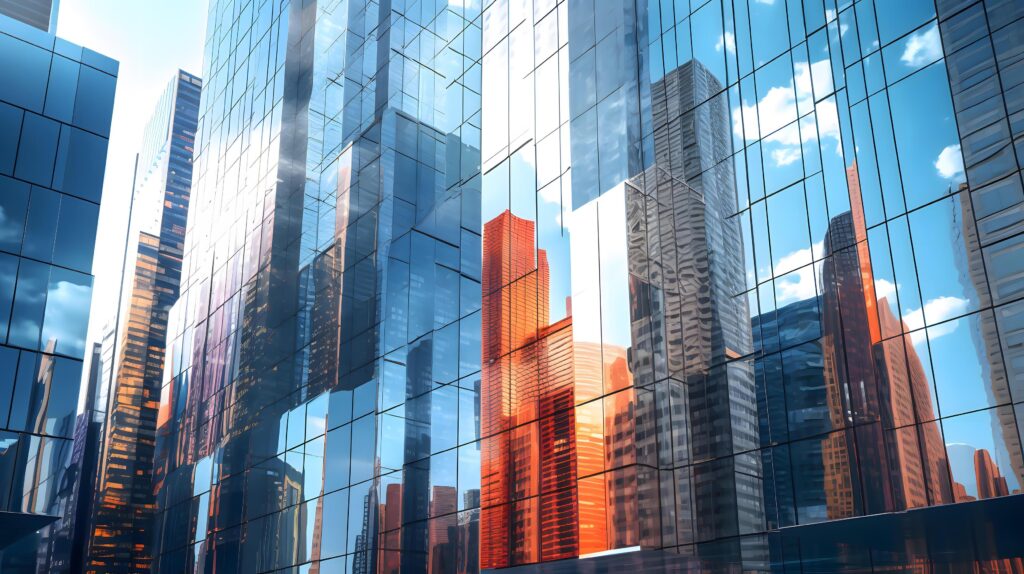 Reflective skyscrapers, business office buildings, business concept, Technology Stock Free