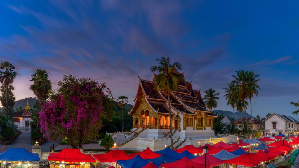 Long exposure at The night souvenir market in front of National museum of Luang Prabang, Laos. Stock Free