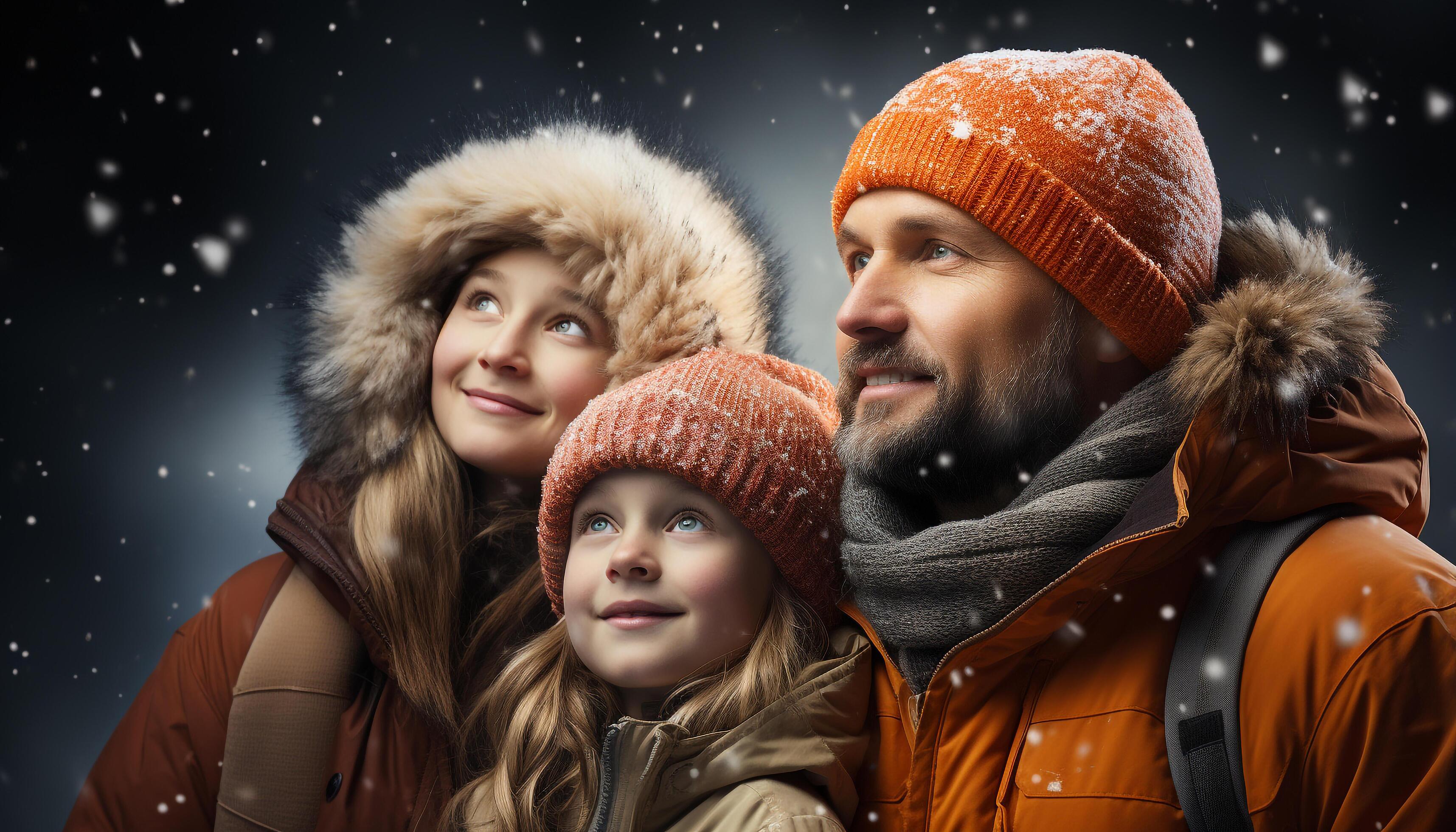 AI generated Smiling family embraces love in winter cold, snowy beauty generated by AI Stock Free