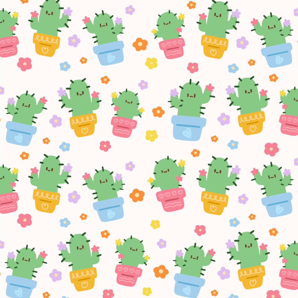 Cute cactus with minimal flowers pattern on soft yellow background Free Vector