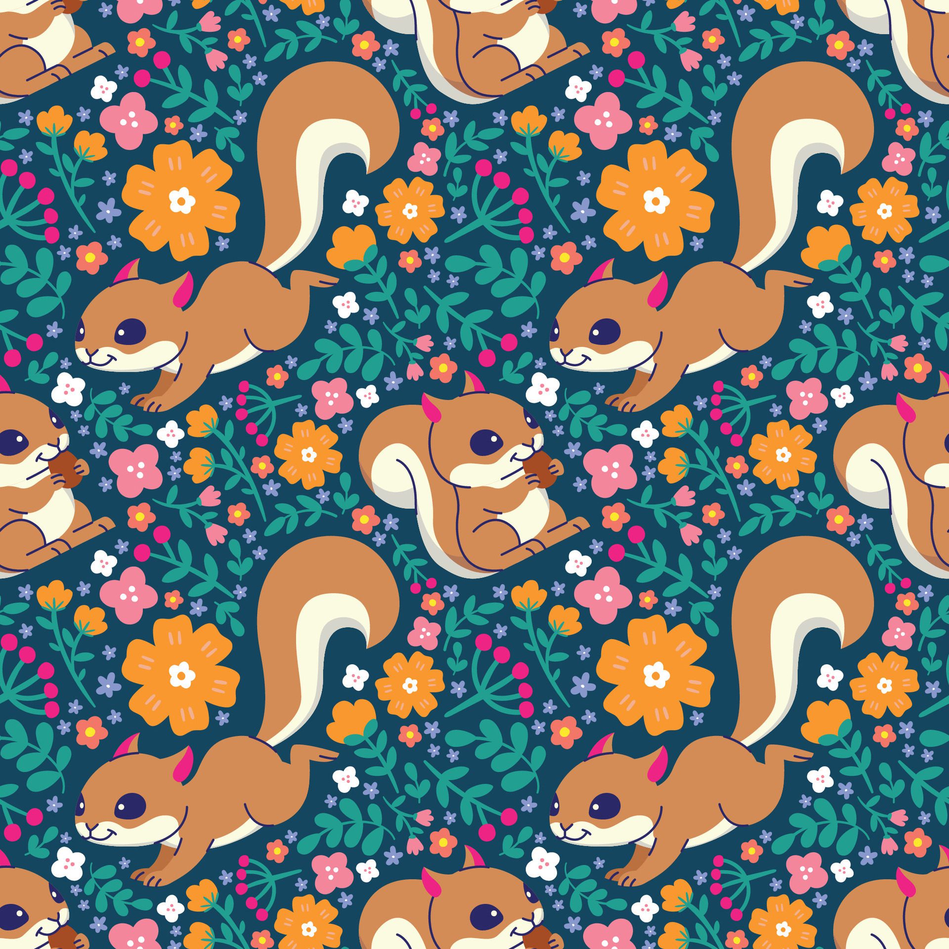 CUTE SQUIRREL WITH FLORAL BACKGROUND SEAMLESS PATTERN Free Vector