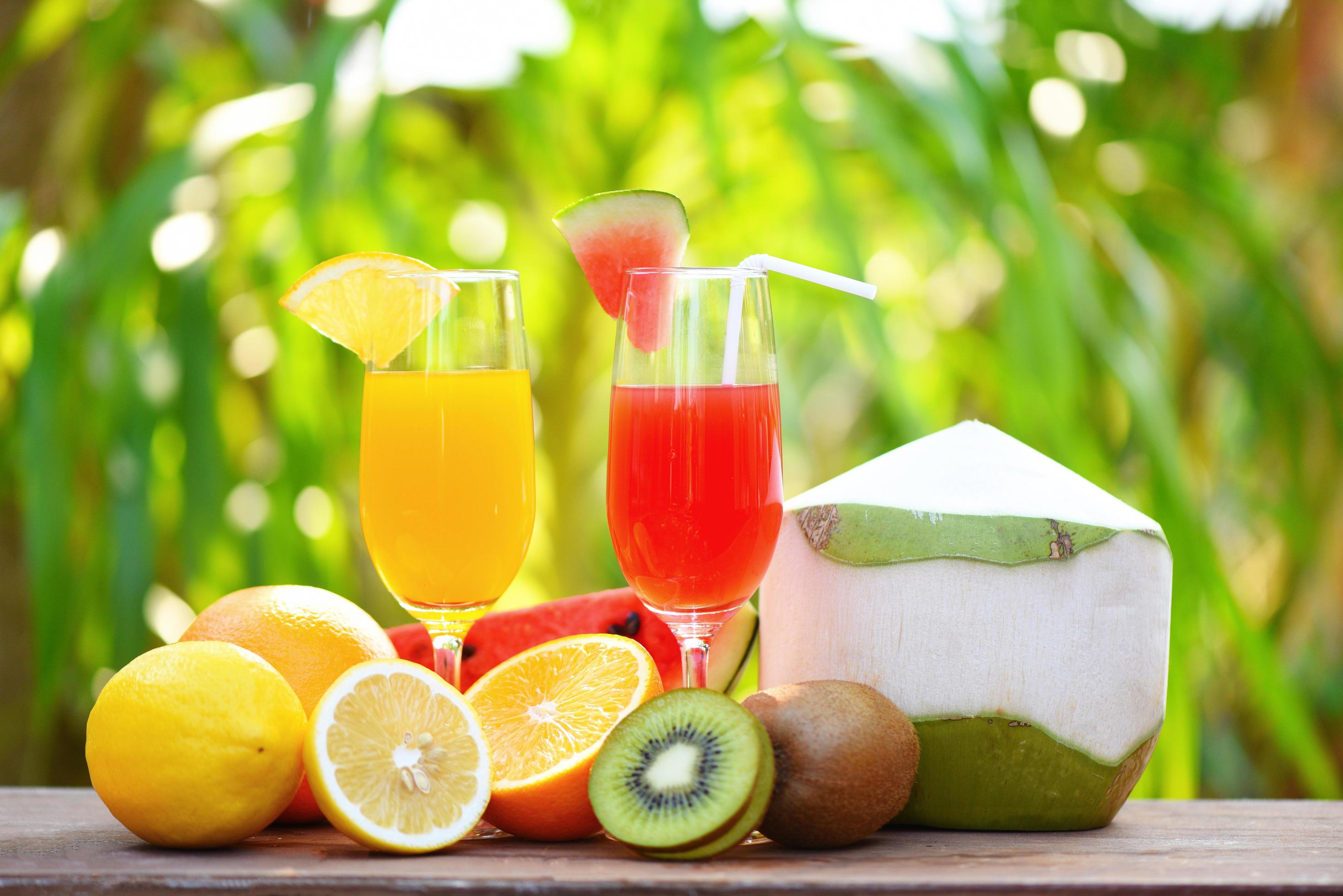 Set of tropical fruits colorful and fresh summer juice glass healthy foods Stock Free