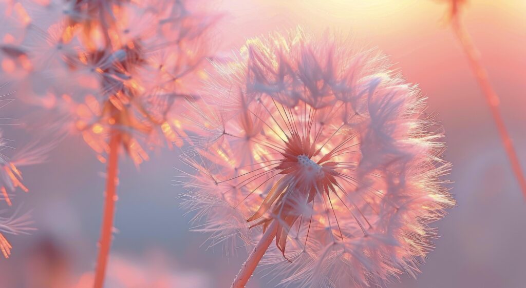 Close Up of a Dandelion With Seeds Blowing in the Wind Against a Soft Pink and Blue Background Stock Free