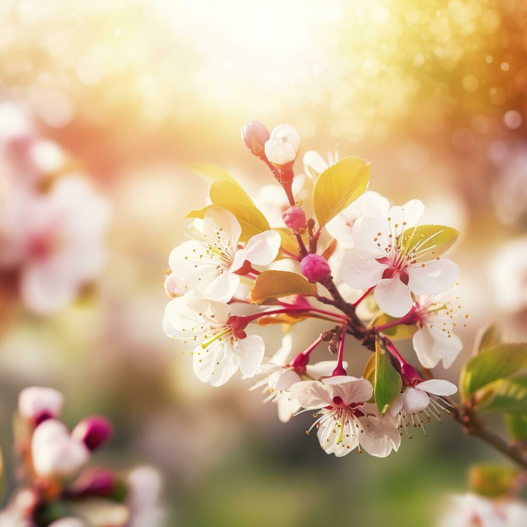 Spring blossom background. Beautiful nature scene with blooming tree and sun flare , generat ai Stock Free