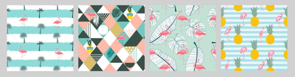 Geometric Pink Flamingo Seamless Pattern Background set. Vector Illustration Free Vector