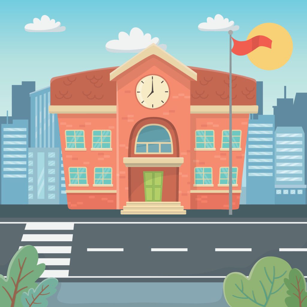 school building with clock and street in city background Free Vector