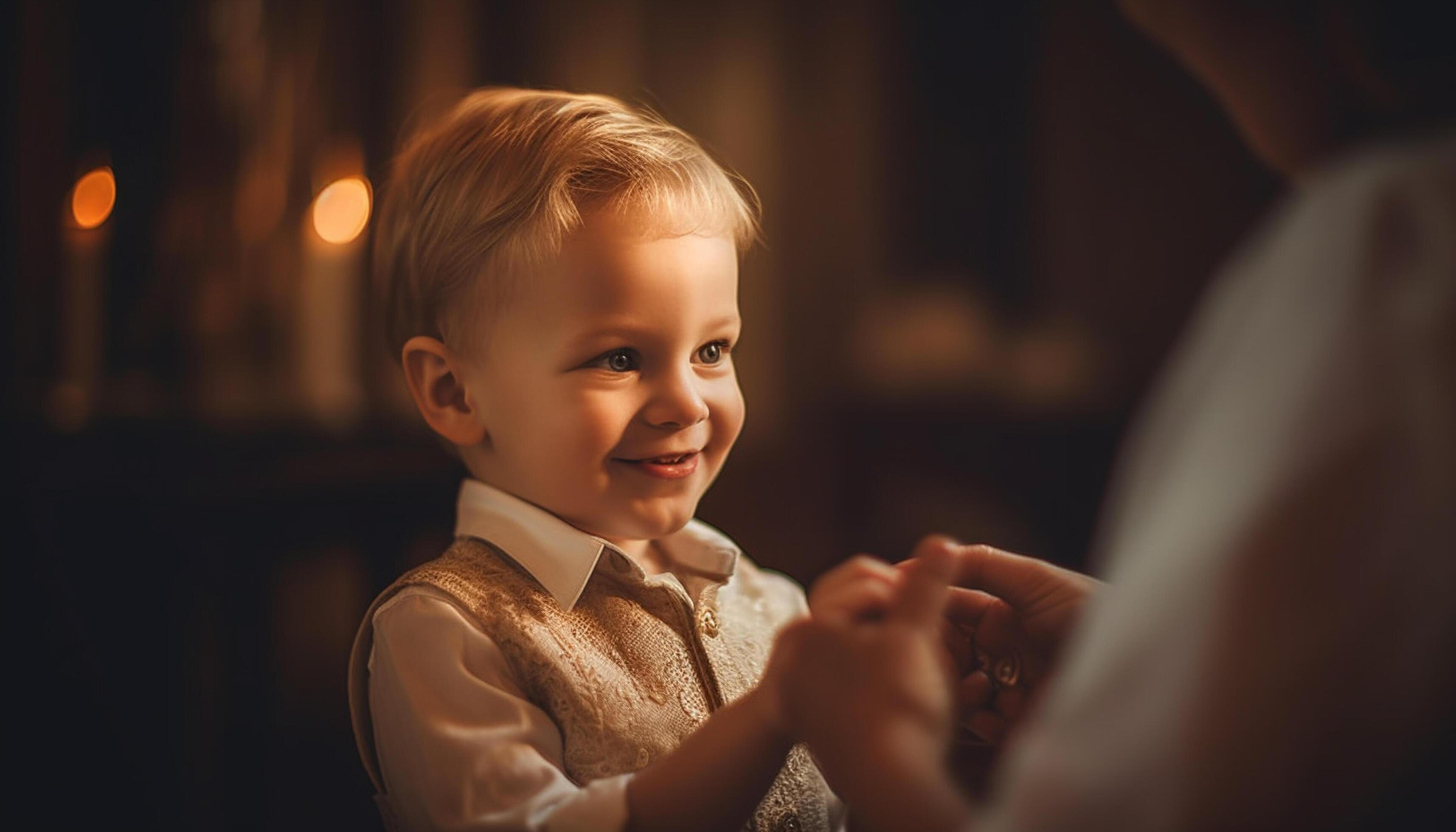 AI generated A cute, smiling child brings happiness to the family indoors generated by AI Stock Free