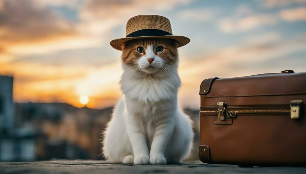 Cute white cat in a hat and suitcase on the background of the sunset Free Photo