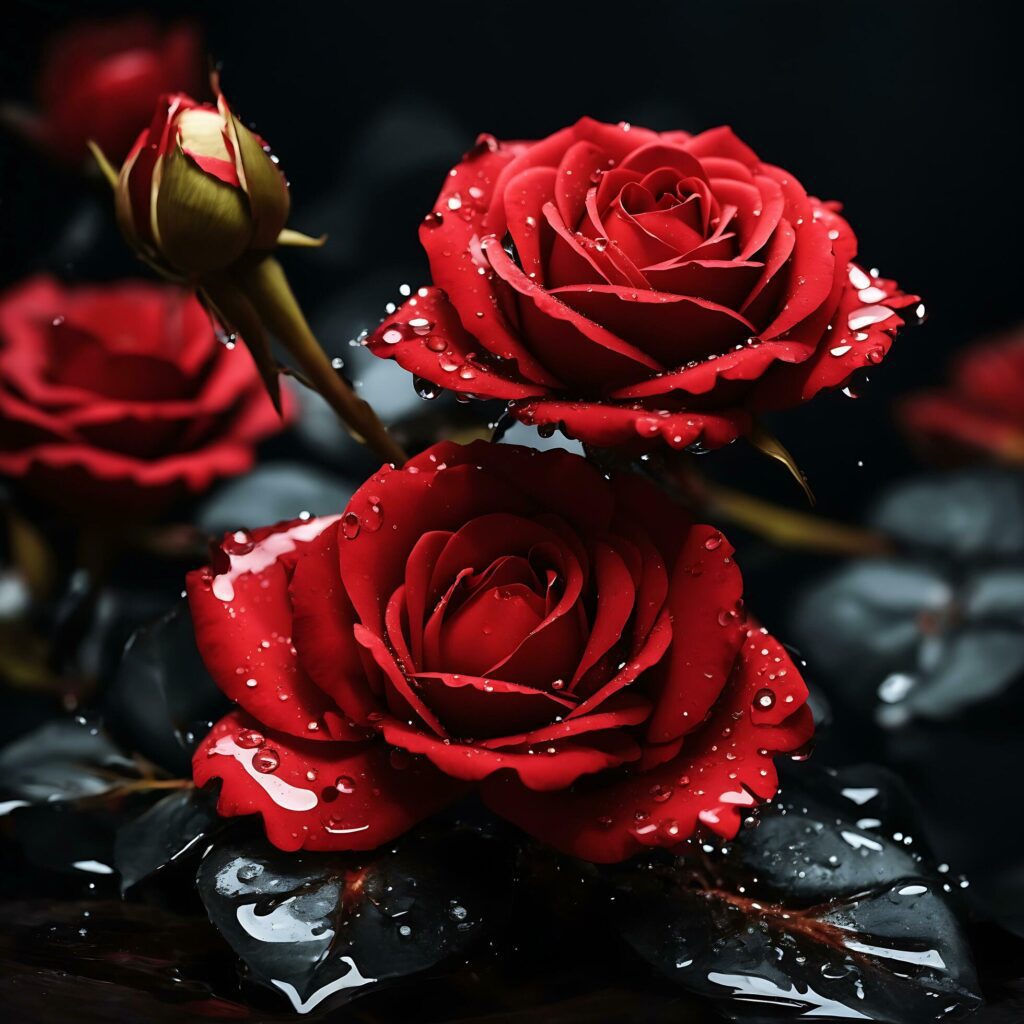 A Red Rose Flower With Water Drop In Dark Theme Generative Ai Stock Free