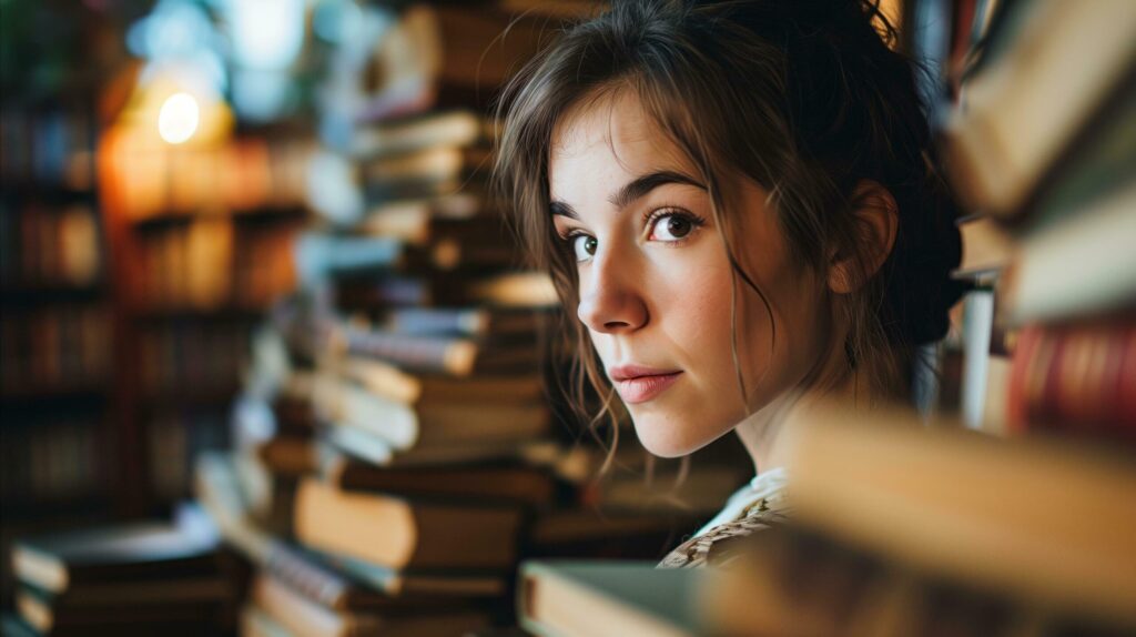 Young woman surrounded by books in library, portrait of intellectual beauty Free Photo