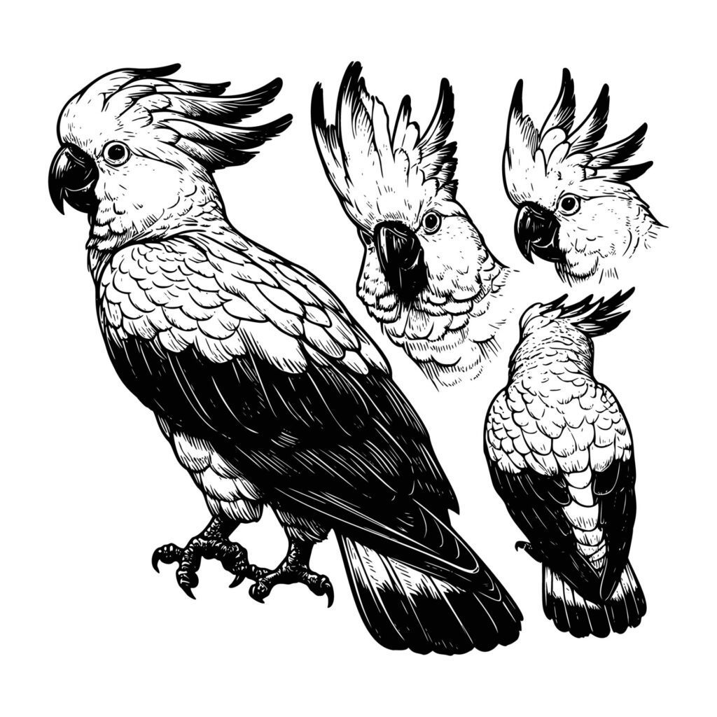 cockatoo bird animal illustration. black and white hand drawn cockatoo illustration isolated white background Free Vector